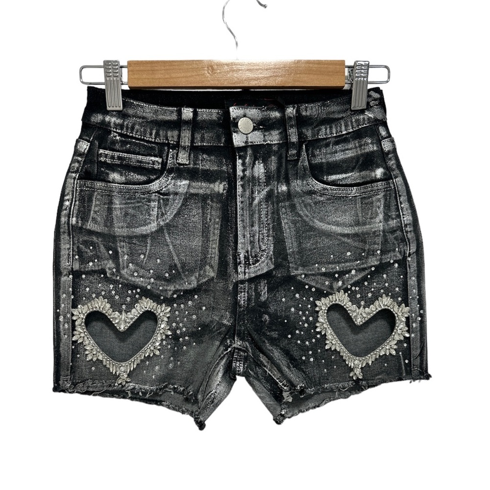 Jeweled Heart Rhinestone Denim Shorts in Black